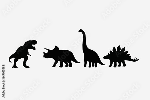 Prehistoric Dinosaur Silhouettes: T-Rex, Triceratops, Brontosaurus, and Stegosaurus Vector Art for Educational and Entertainment Projects