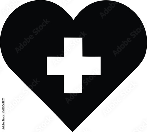 A striking black heart silhouette featuring a bold white medical cross at its center symbolizing health and care