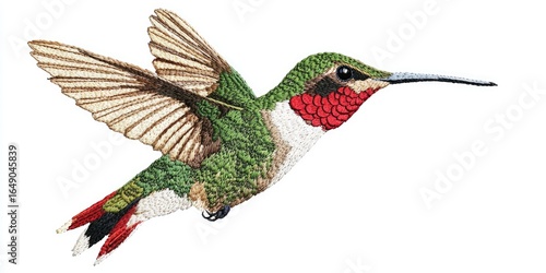 Bright green and red hummingbird mid-flight in machine embroidery style on crisp white fabric Stock photo
