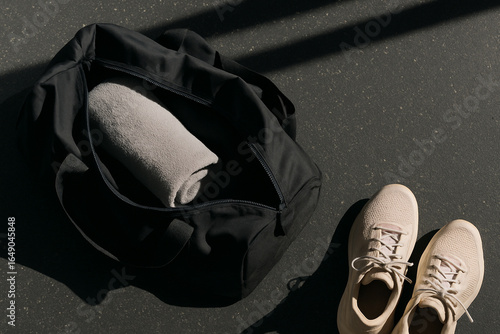 Minimal flat lay of a black gym bag with rolled towel and beige sneakers on a rubber floor. Hard diagonal sunlight, long shadows. Unbranded fitness gear, copy space.