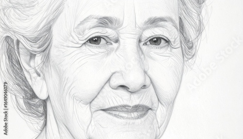 Pencil drawing of elderly woman with gentle expression.