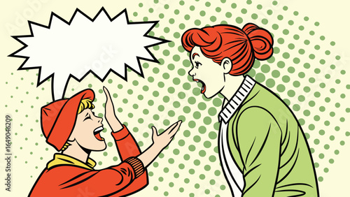A pop art illustration of a mother and son arguing with a speech bubble above the son's head