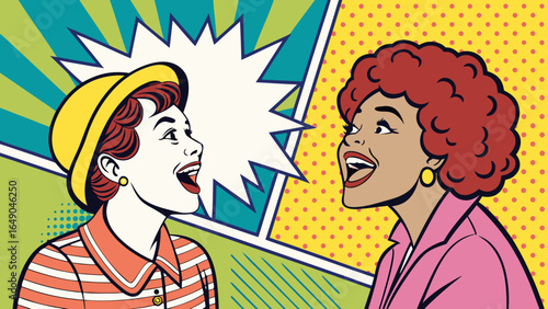 Two women conversing in a pop art style with speech bubble and vibrant colors in the background design element