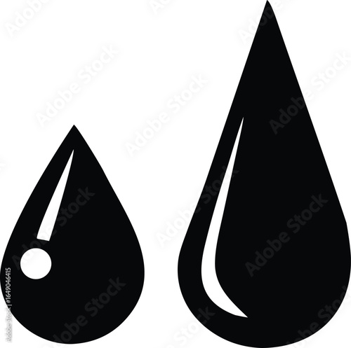Two stylized black water droplets one small with a highlight and one large against a stark white background representing purity and liquid