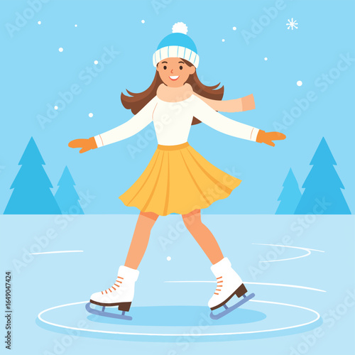 A cheerful young woman ice skating on a frozen pond, enjoying winter fun.