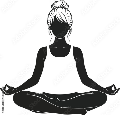 Silhouette of a woman in lotus position practicing yoga isolated on white background