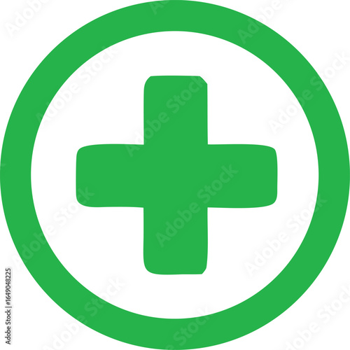 A simple bold green cross symbol encased within a thick circular border on a clean white background representing healthcare or medical services