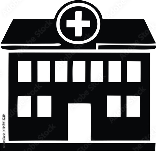 Simple black and white silhouette icon of a multi story hospital building with a prominent medical cross emblem above