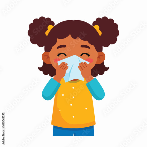 A young girl with dark skin is blowing her nose with a tissue, eyes closed.