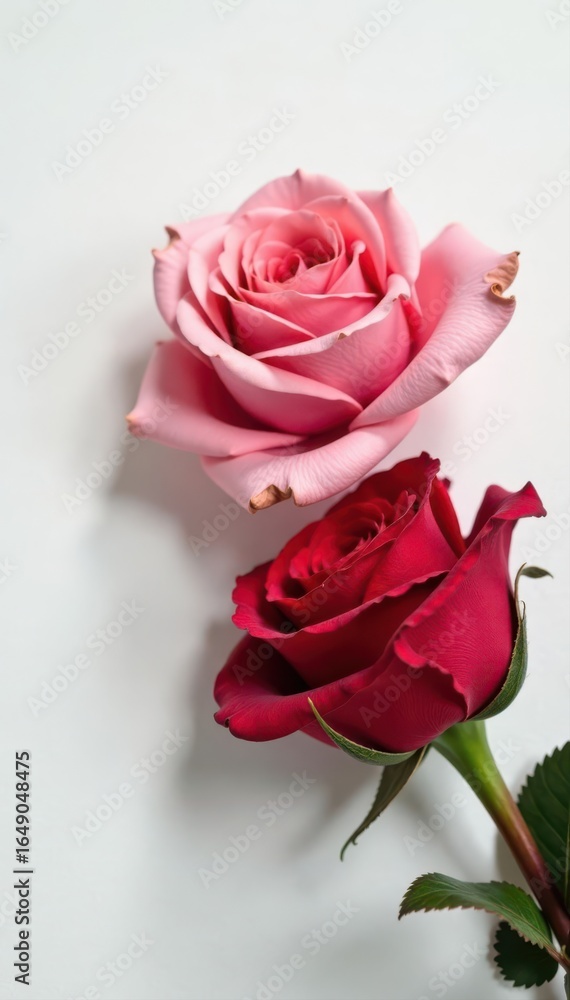 Fototapeta premium A faded red rose lies on pristine white Ample copy space , picture, white background, white