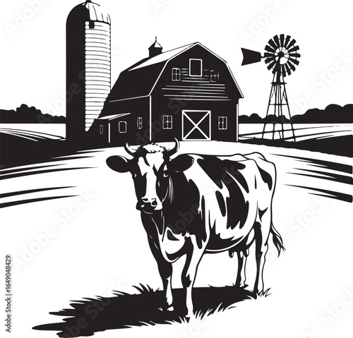 Bountiful farm scene with cow, barn, silo, windmill