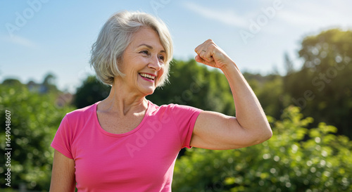 Older woman flexing her bicep in a pink shirt outdoors on a sunny day with trees in the background