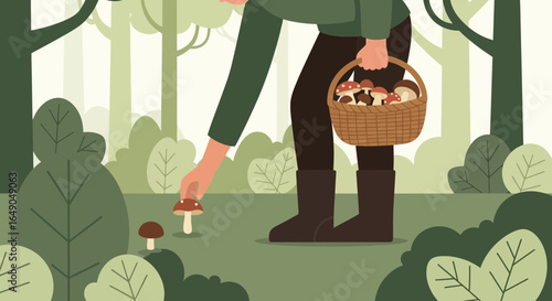 Person Foraging Mushrooms In a Forest Carrying a Wicker Basket Full of Harvested Fungi