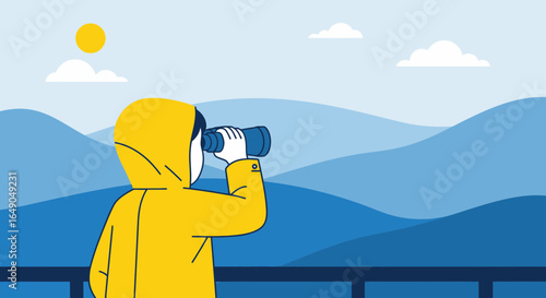 Person In Yellow Raincoat Looking Through Binoculars At Mountain Range