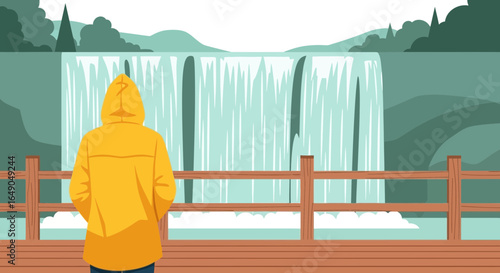 Person In Yellow Raincoat Admiring Serene Waterfall Nature Landscape View