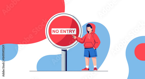 Person Indicate The No Entry Sign Restriction And Prohibition Concept
