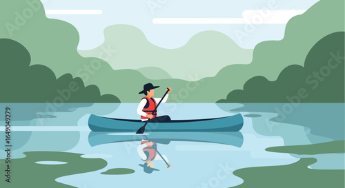 Person Kayaking On The Lake With Mountain Views And Forest Background