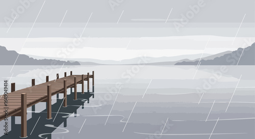Rainy Day at The Lake With Pier Under a Grey Sky Landscape