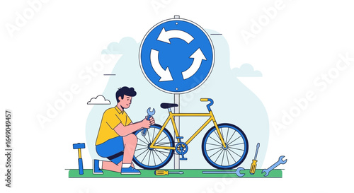 Person Repairing Bicycle Near Roundabout Sign For Active Transportation