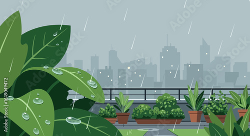 Rainy Day At the Rooftop Garden Overlooking Cityscape Silhouette
