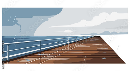 Rainy Day at the Seaside Pier with Overcast Weather and Metallic Railings