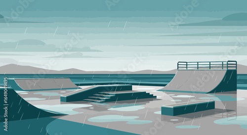 Rainy Day At The Skate Park Urban Landscape Illustration Flat Style Design