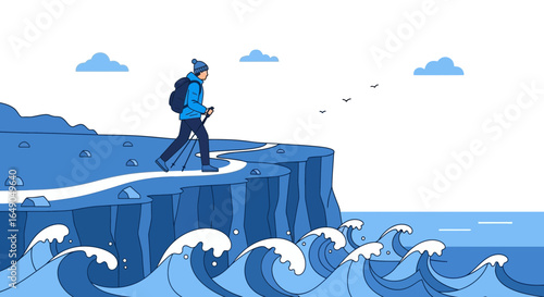 Person Trekking On Cliff Top With Backpack Beside The Ocean Waves View