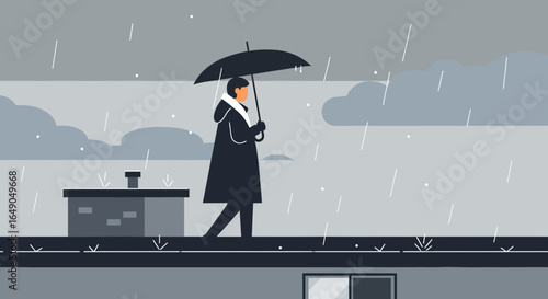 Person Walking On A Rooftop In The Rain With An Umbrella Vector Design