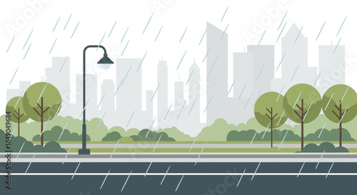 Rainy day city park scene vector illustration with skyscrapers and trees featuring a street lamp and rainfall effect on asphalt