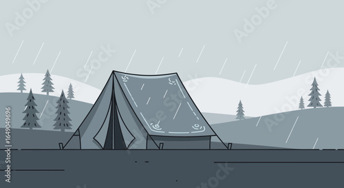 Rainy Day Camping Scene With Tent And Evergreen Trees Minimalist Illustration