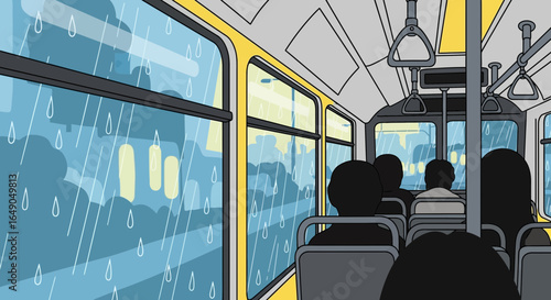 Rainy Day Commute Reflections Passengers Gaze Out On A Wet City From Inside A Bus