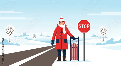 Person With Sledge Near Stop Sign In Snowy Winter Wonderland Landscape