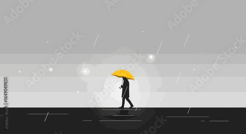 Person With Yellow Umbrella Walks In Rain Minimalist Landscape Illustration