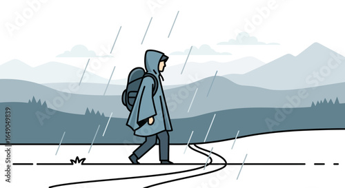 Rainy Day Hike On Mountain Trail In Poncho And Backpack Vector Illustration