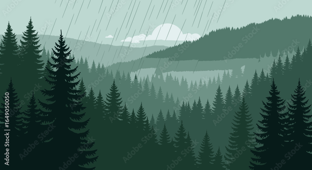 Fototapeta premium Rainy Day In A Dark Forest Of Evergreen Trees In A Layered Mountainscape