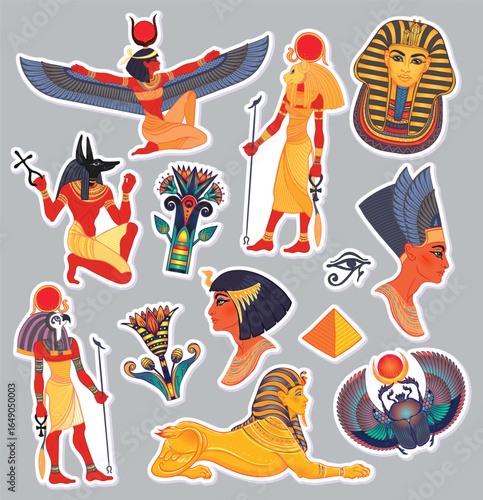 Ancient Egypt. Vintage sticker pack set with Egyptian gods and symbols. Retro hand drawn vector illustration. Ra, Isis, Anubis, Sekhtmet, Cleopatra, pyramid, Sphynx isolated.