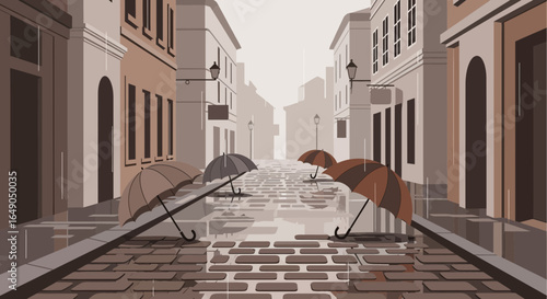Rainy Day In European Town With Umbrellas And Cobblestone Street
