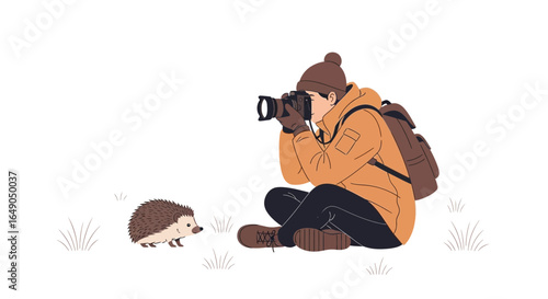 Photographer Capturing a Charming Hedgehog in Nature's Embrace During Autumn Season