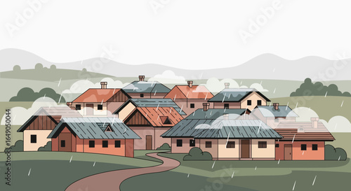 Rainy day in a quaint village, rustic houses and rolling hills create a cozy feeling, evoking a sense of comfort
