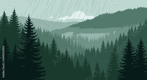 Rainy Day In A Dark Forest Of Evergreen Trees In A Layered Mountainscape