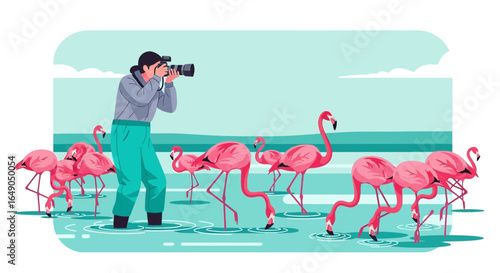 Photographer Capturing A Group Of Pink Flamingoes In Shallow Water With Camera