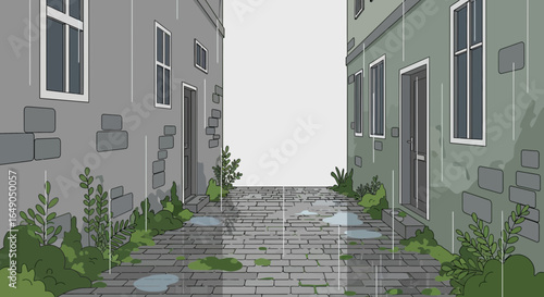 Rainy day in an urban alley with cobblestone street and old buildings illustration