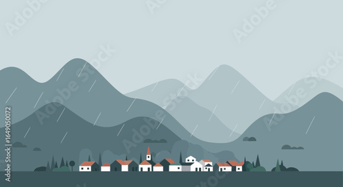 Rainy Day In A Small Town Surrounded By Mountains With A Simple Design