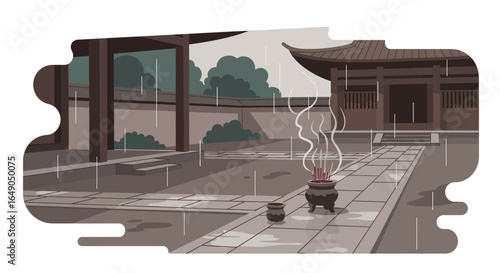 Rainy day in a traditional Asian temple with incense sticks burning peacefully creating a serene atmosphere