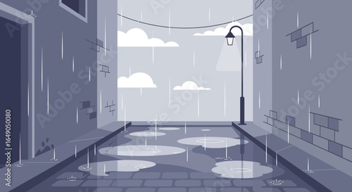 Rainy Day In Alley, Lamp Post Reflects In Puddles On Cobblestone Street
