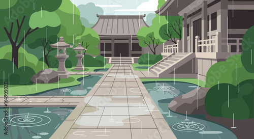 Rainy day in Japanese garden with temple architecture and nature illustration