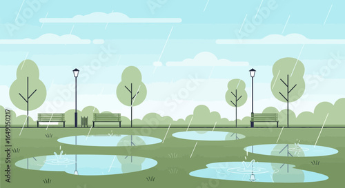 Rainy Day In The City Park Benches With Puddles On The Grass
