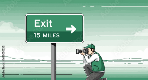 Photographer Capturing Exit Sign On Road Trip Adventure Destination Concept