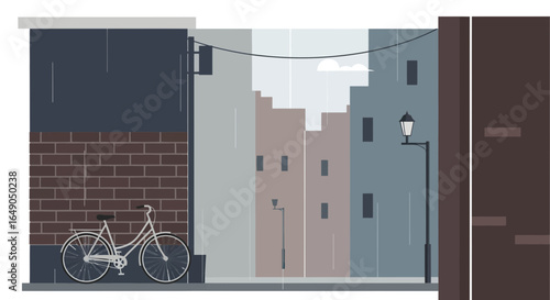 Rainy Day In The City With Bicycle Leaning Against Building Wall