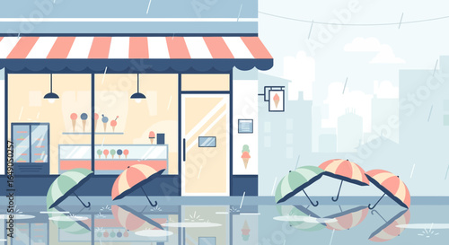 Rainy day in the city with ice cream shop featuring colorful umbrellas on the sidewalk